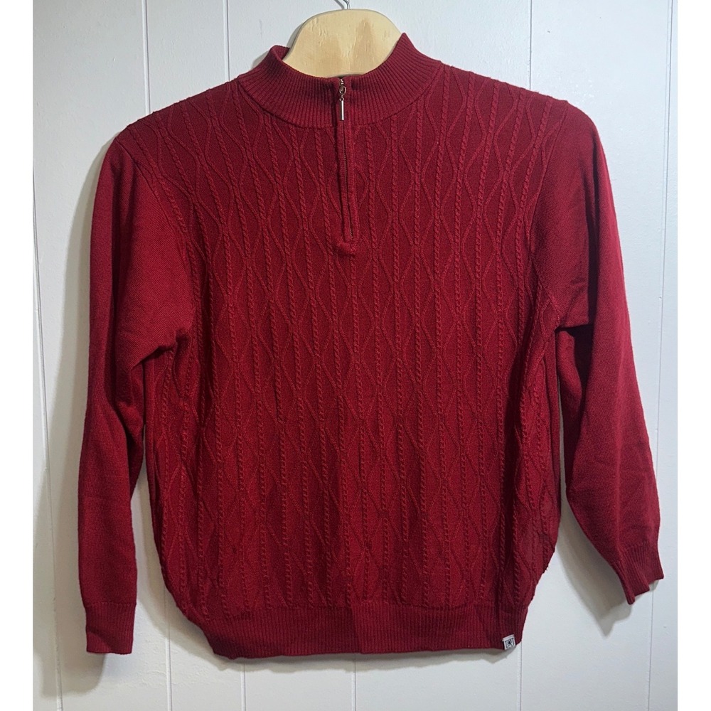 Stacy Adams Mens Red‎ Quarter Zip Cable Knit Sweater XL Elbow Patches Mock Neck